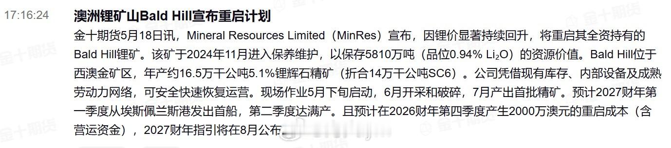 澳洲锂矿山Bald Hill宣布重启计划Mineral Resources Li