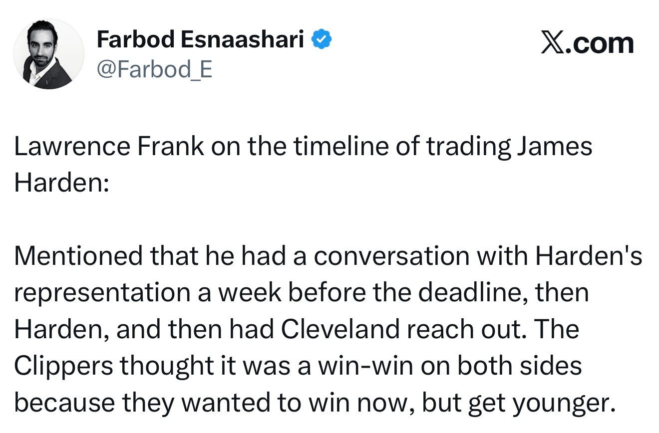 交易哈登的时间线，弗兰克表示：他在截止日期前一周先与哈登的经纪团队进行了沟通，随