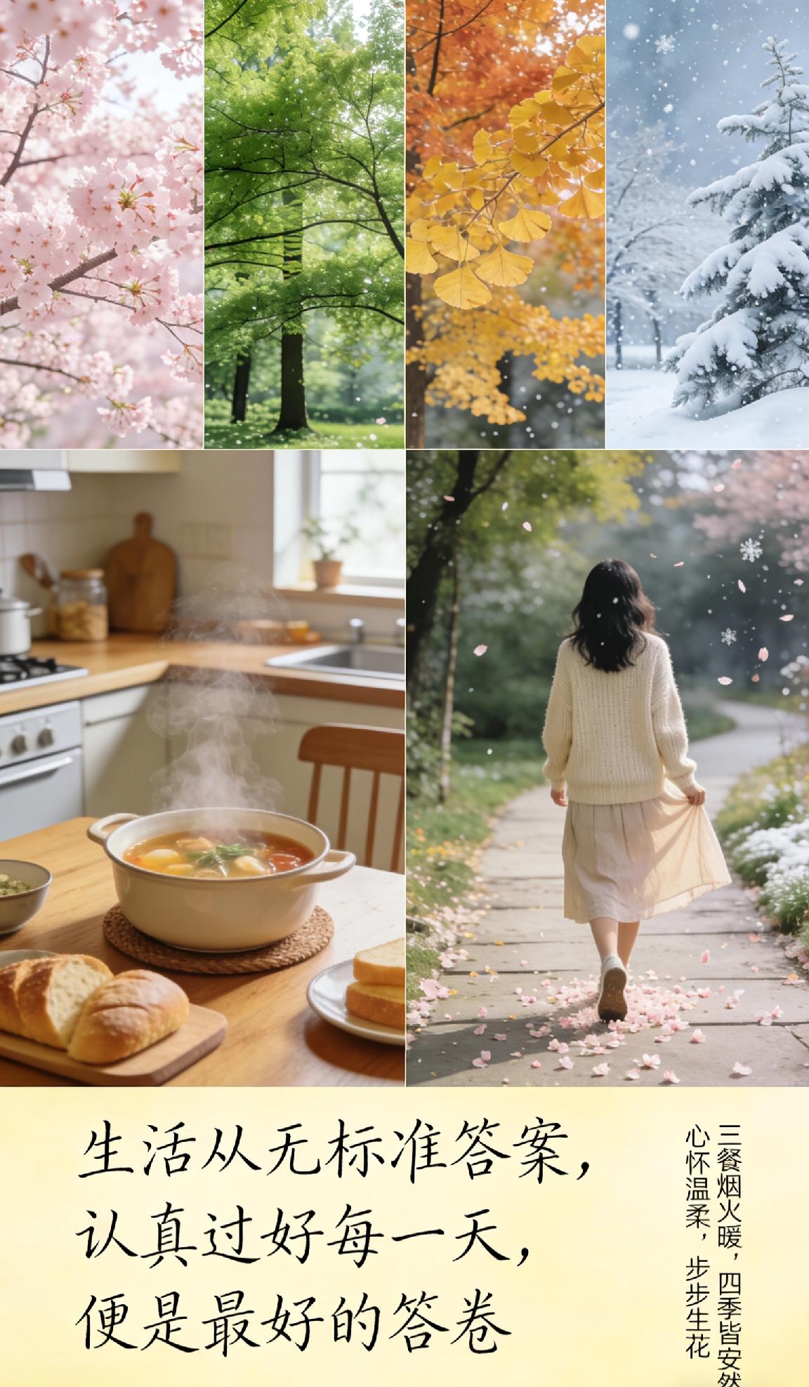 每日生活的感悟生活从无标准答案，认真过好每一天，便是最好的答卷。三餐烟火暖，四季