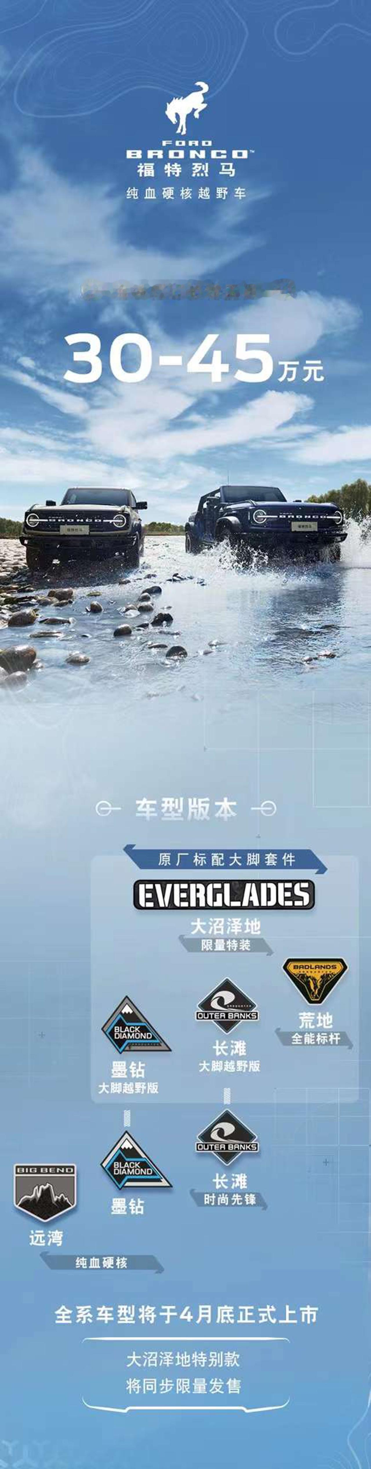 预售价格30-45万元，4月底正式上市，福特烈马正式预售
虽然我不是个一个越野车