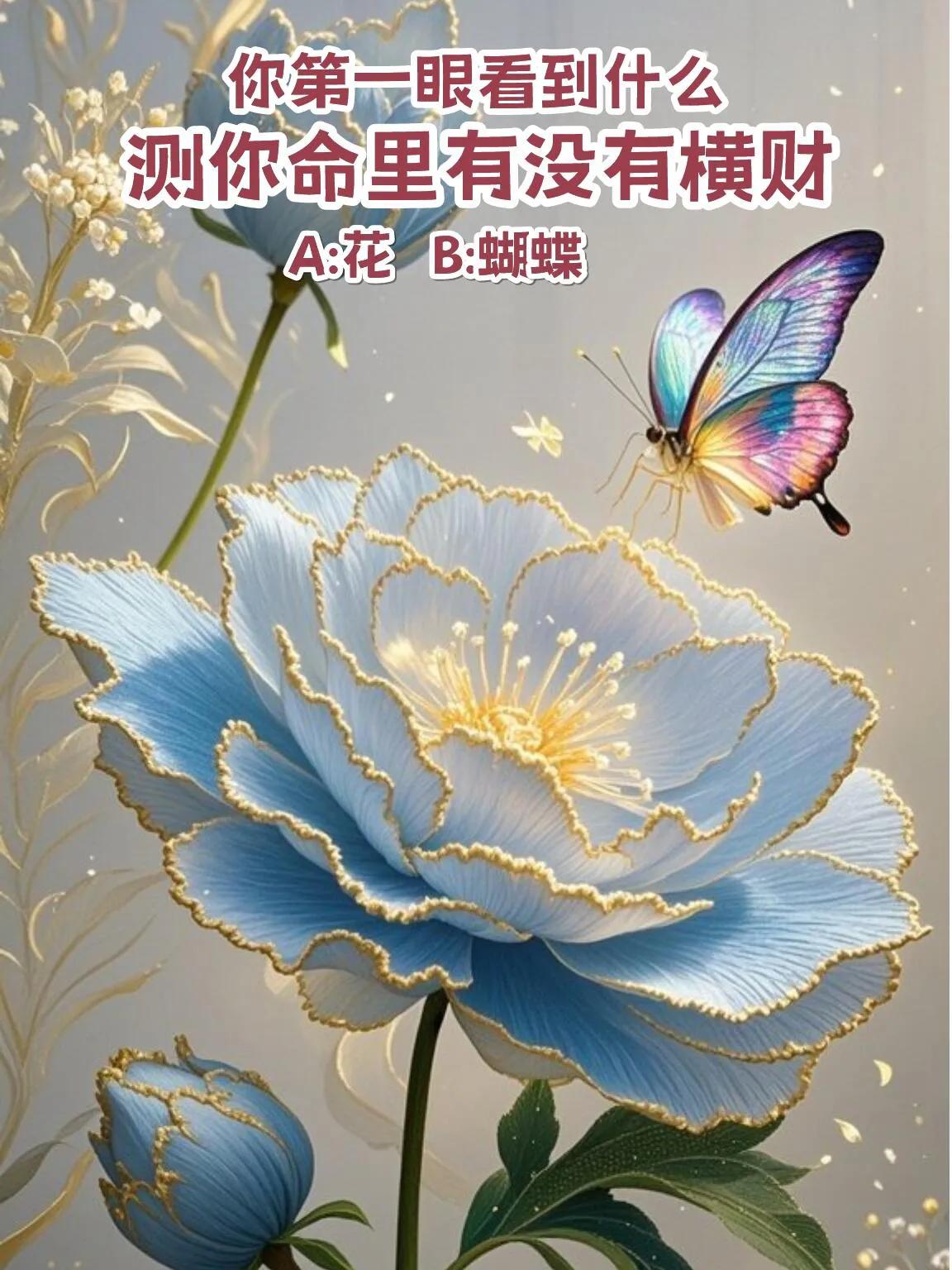 心理测试
测测你命里有没有横财？？
你第一眼看到什么？？？
A.花
B.蝴蝶🦋