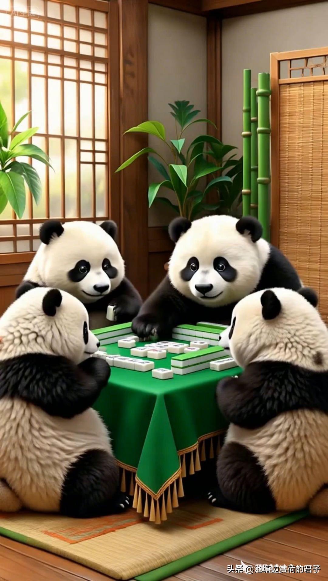 天南地北大拜年四只萌萌哒大熊猫围坐一桌，一起打麻将，好有爱！🐼👍
