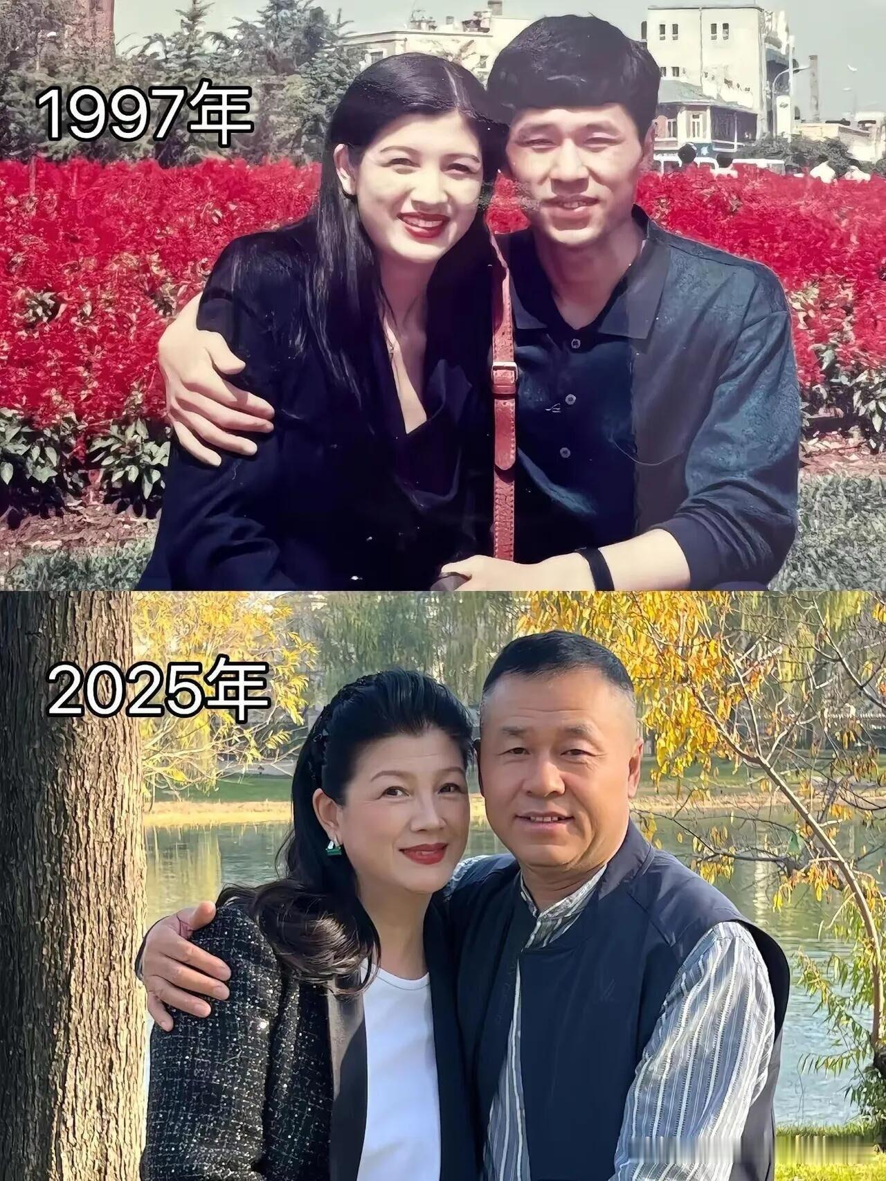 这是一对夫妻近30年间的不同照片比对，20多年前女的貌美，皮肤白皙，在90年代算