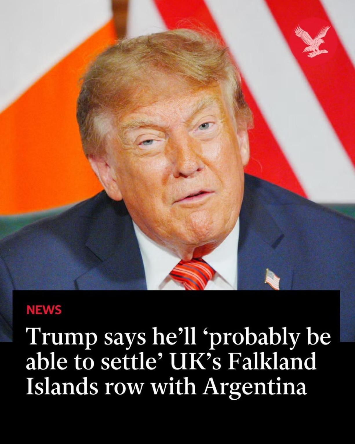 美国总统唐纳德·特朗普表示，他预计将被召请来“解决”英国与阿根廷之间关于福克兰群
