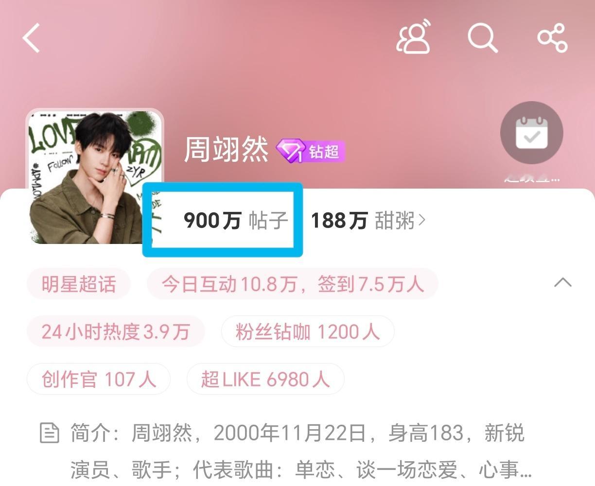 周翊然超话发帖量破900万！易燃好🔥啊..小甜粥们超厉害👍也期待易燃即将播出
