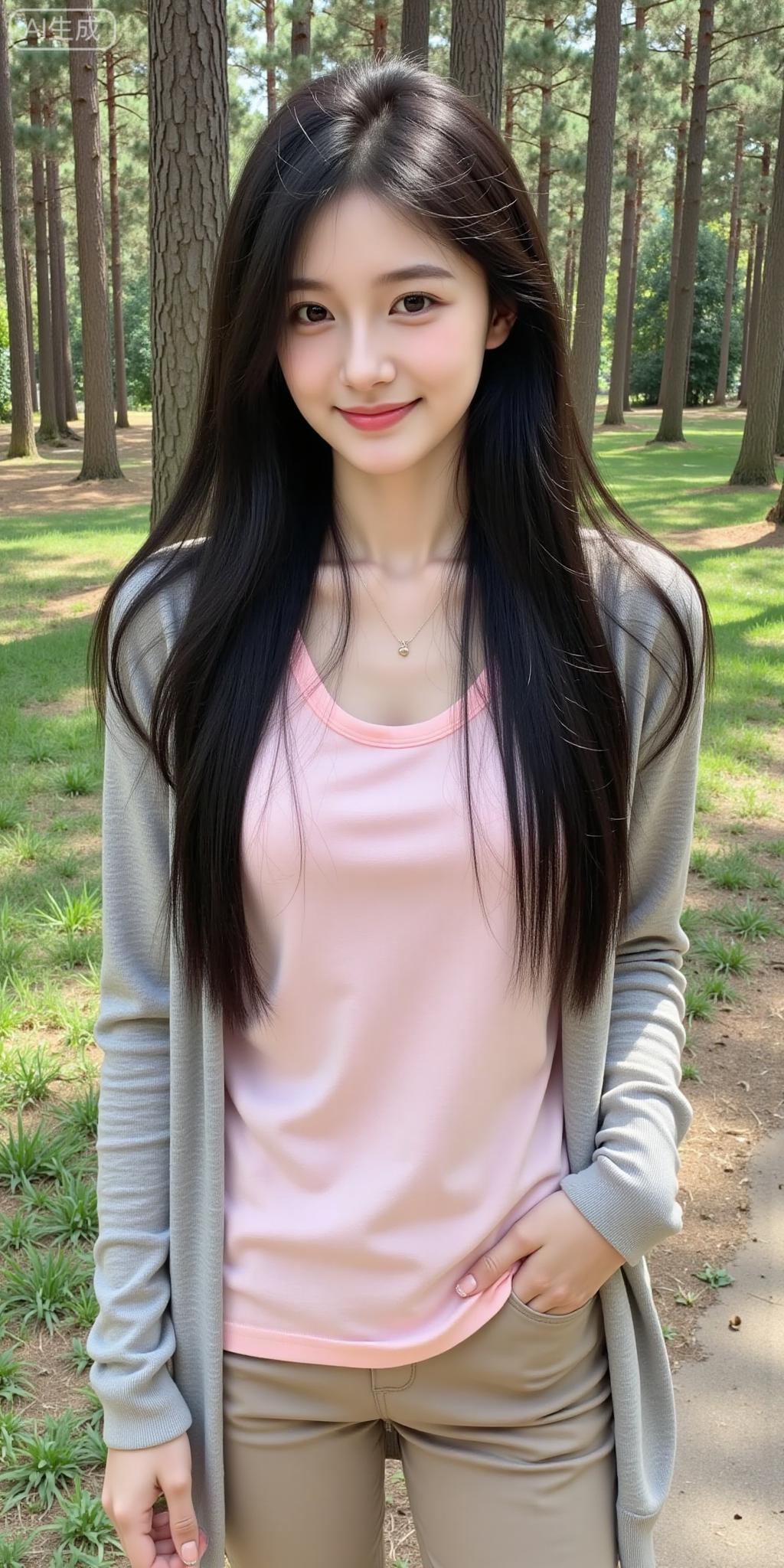 森林里的软甜系氧气少女
 
粉T+浅灰开衫，温柔得像春日里的棉花糖~长发衬得眉眼