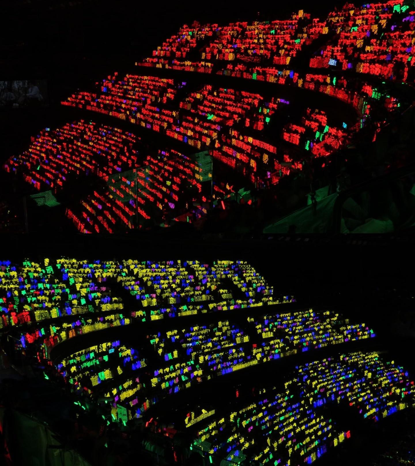 TOP演唱会04.11灯牌高清图309视角一边红海岩浆❤️一边蓝莓炒鸡蛋💙💛