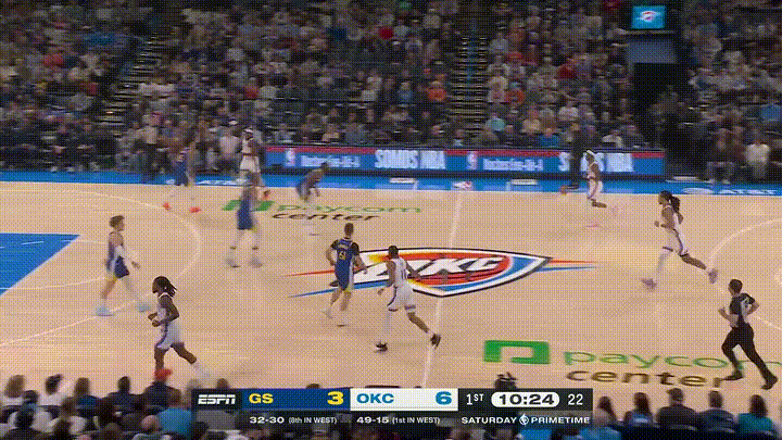 雷霆巨星亚历山大真是无可阻挡！在今天雷霆主场迎战勇士的比赛中，当时比赛进行到了第