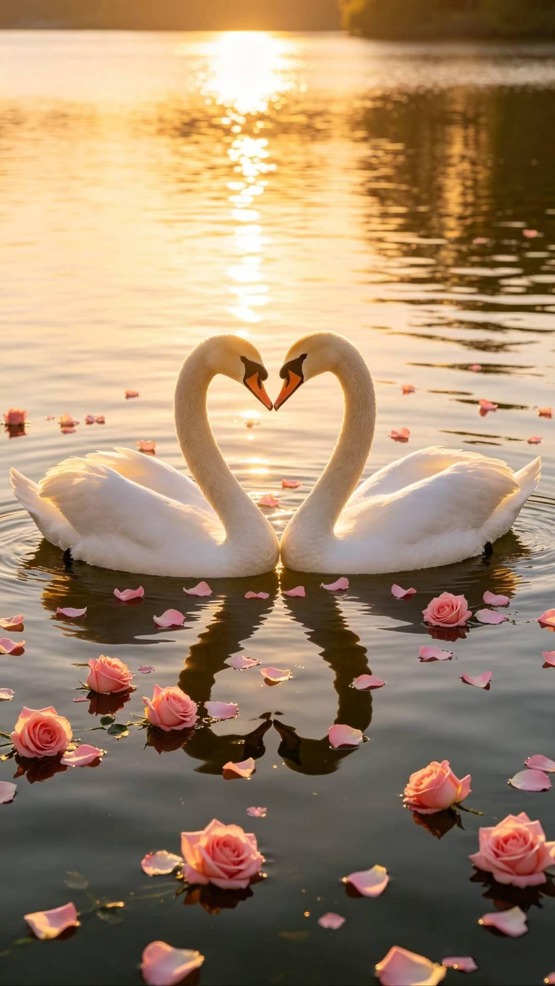 夕阳下的湖面，一对天鹅深情相拥，花瓣漂浮，浪漫至极。💕🌸