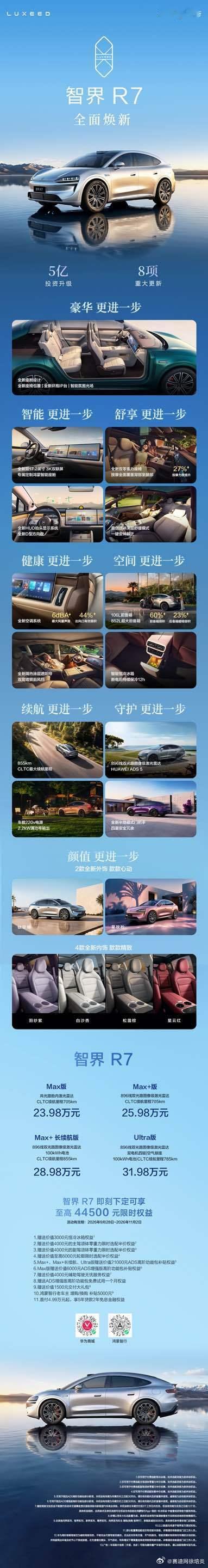 余承东称25万级家用车首选智界R7 全面焕新的智界R7正式上市，售价23.98万
