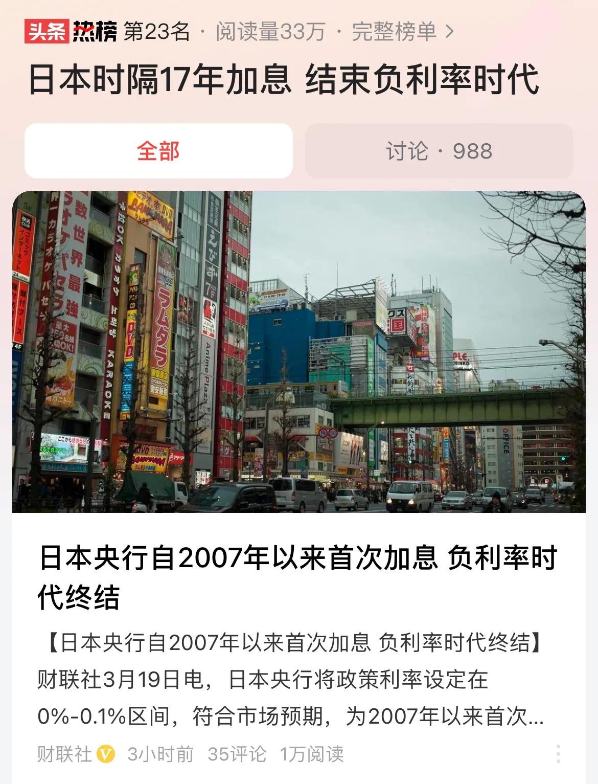 #日本时隔17年加息 结束负利率时代#日本央行自2007年以来首次加息，宣布负利