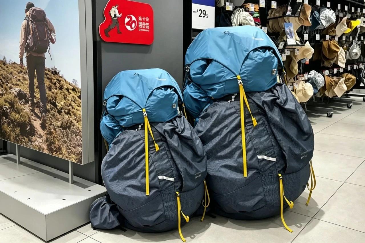 迪卡侬的巨型登山包最近火出圈，网友戏称能装下三室一厅。这包大得离谱，背在身上像座