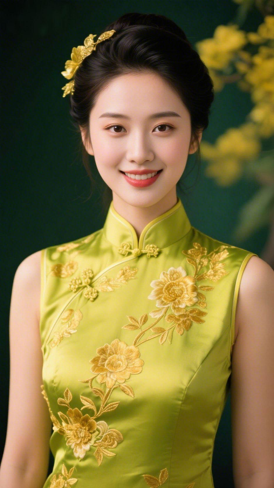 《翠衫裹着东方柔》
 
深绿背景里浸着柔暖的光，她立在其间，翠色衣装如轻漾的春波