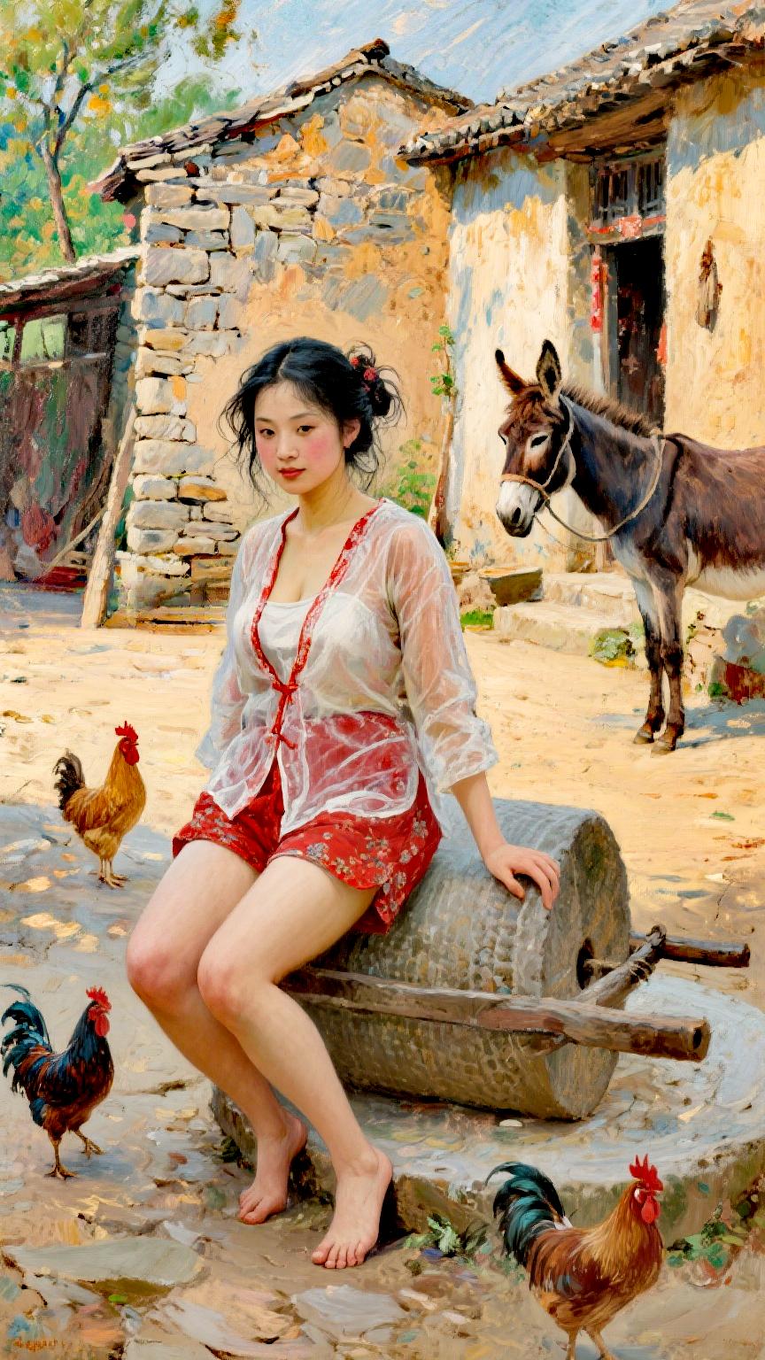 乡土气息 散养鸡 石磨