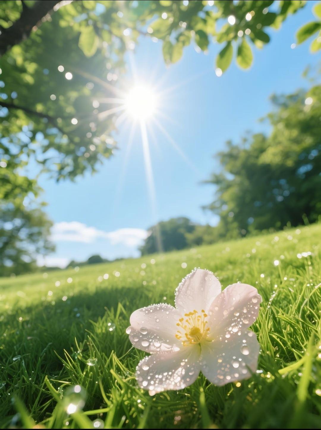 早起散步，无意间瞥见草地上一朵小小的白色花蕊，晶莹的露珠挂在她柔弱的花瓣上，像刚
