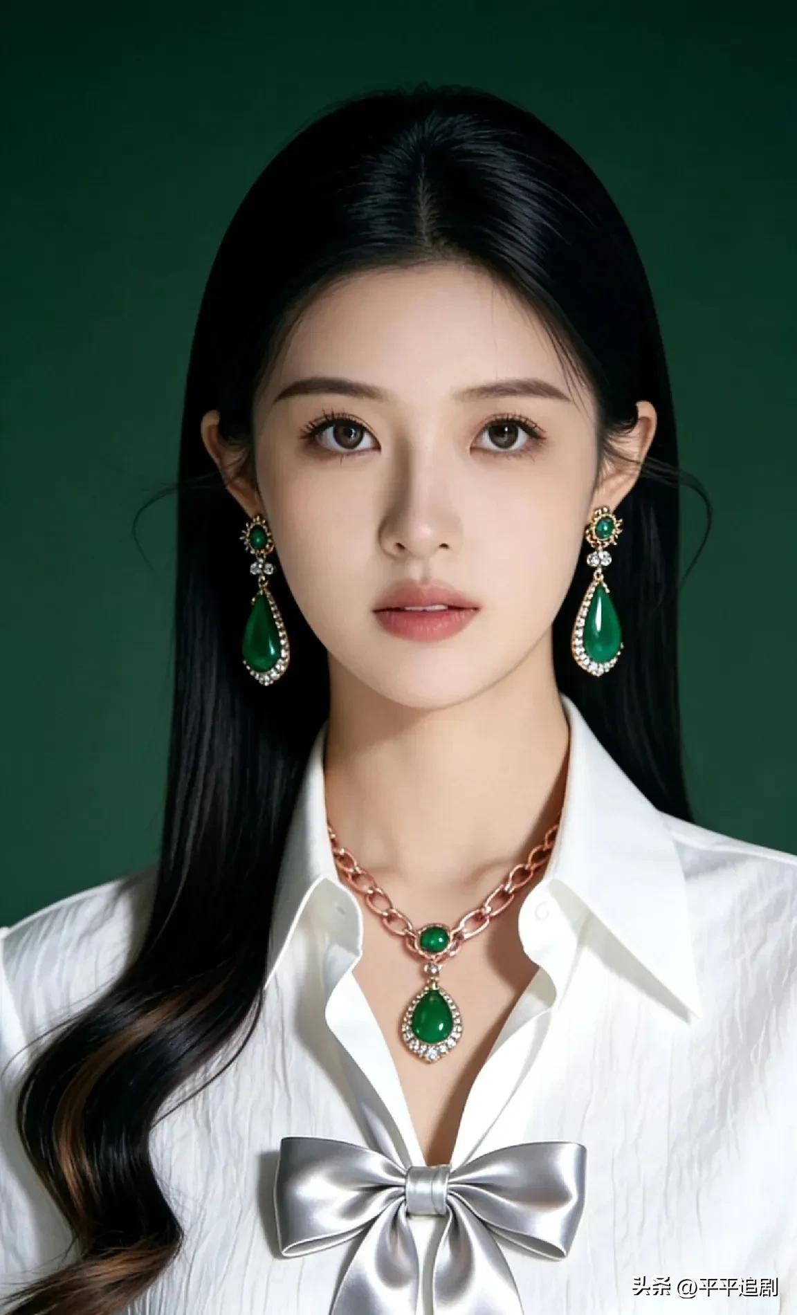 什么样的女人,最有魅力?
白衬衫衬着银缎蝴蝶结，墨绿玉石在金链与耳间轻晃，长发垂