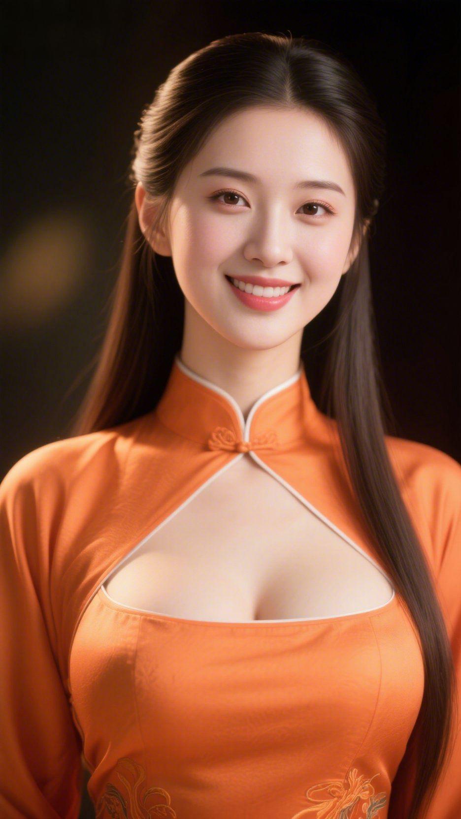 橘裳旗袍韵自来
 
暖橘色旗袍似揽入了秋阳的温软，立领衬得脖颈线条清雅，素雅白边