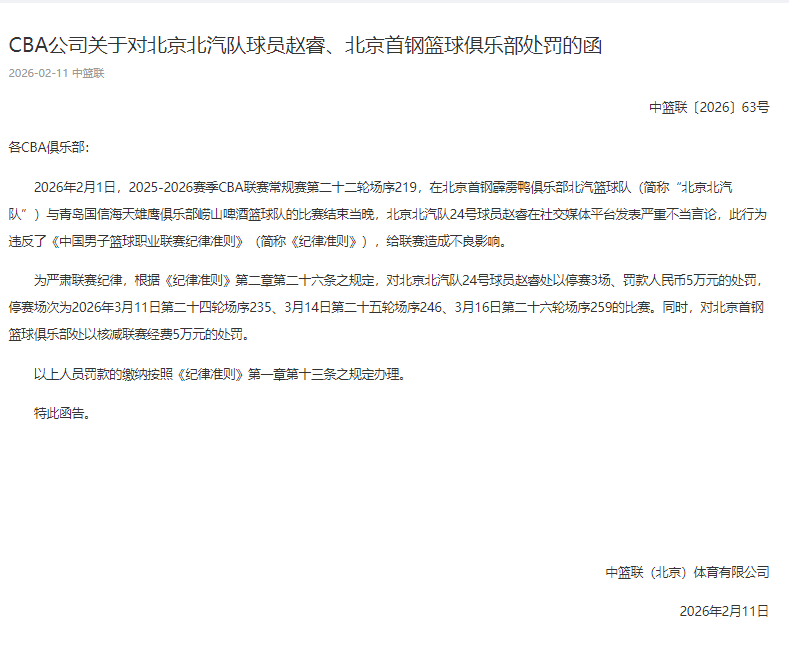 CBA官方，北京首钢球员赵睿在社交媒体平台发表严重不当言论，此行为违反了《中国男