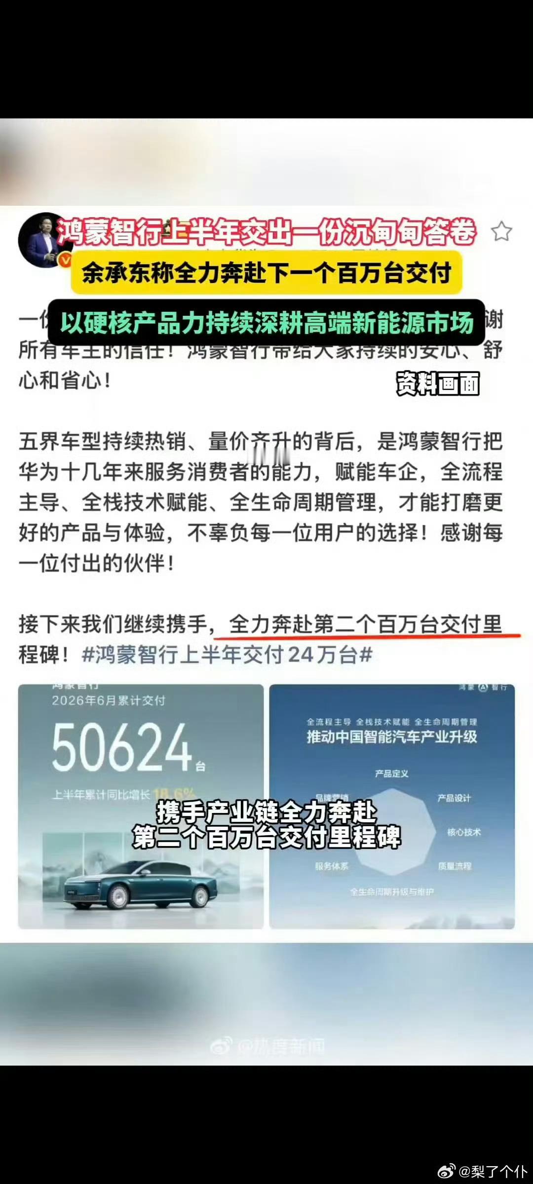 余承东称全力奔赴下一个百万台交付 鸿蒙智行全系累计交付破143万台创纪录，多款新