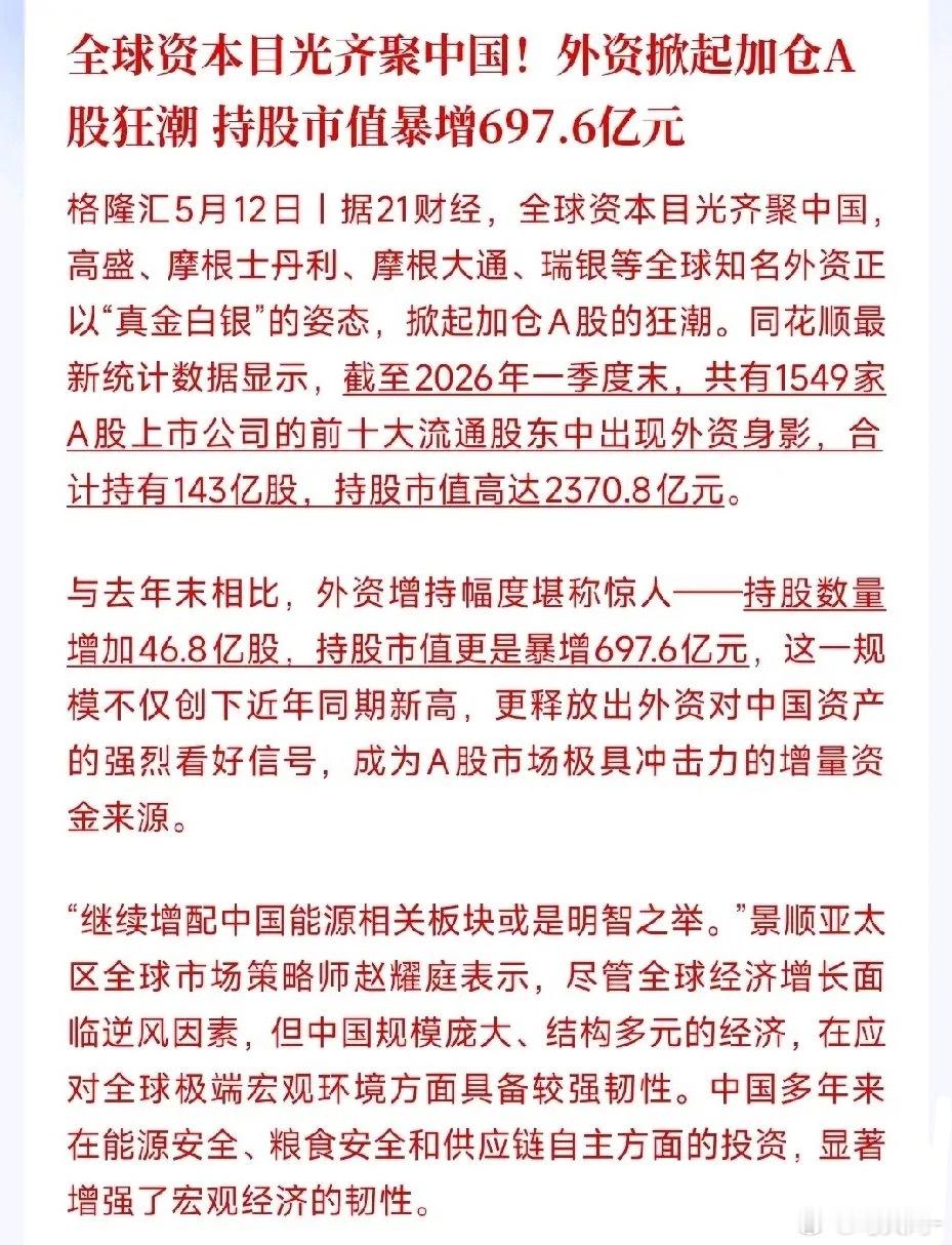 全球投行集体盯上A股，外资一季度疯狂加仓信号明确近期市场消息显示，全球各大投行正