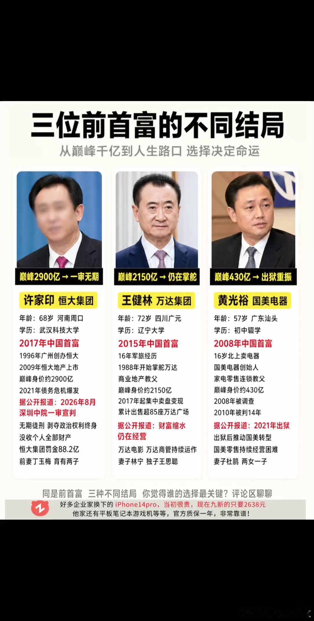 三位前中国首富的不同结局，起落只在一念间。恒大集团 许家印 恒大破产 王健林 黄