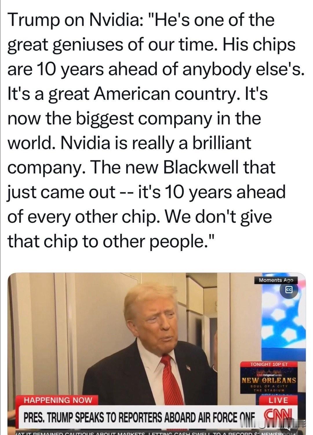 川普评价英伟达创始人。
“他是我们这个时代的伟大天才之一。他的芯片领先其他人10