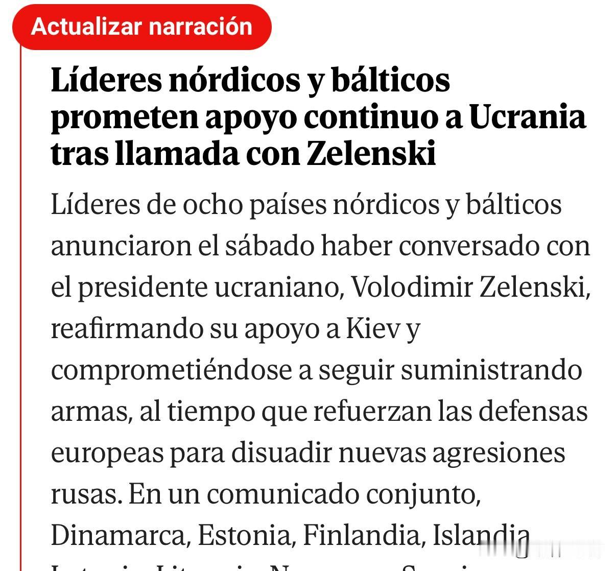 周六，八个北欧和波罗的海国家的领导人宣布，他们已经与乌克兰总统进行了交谈，重申了