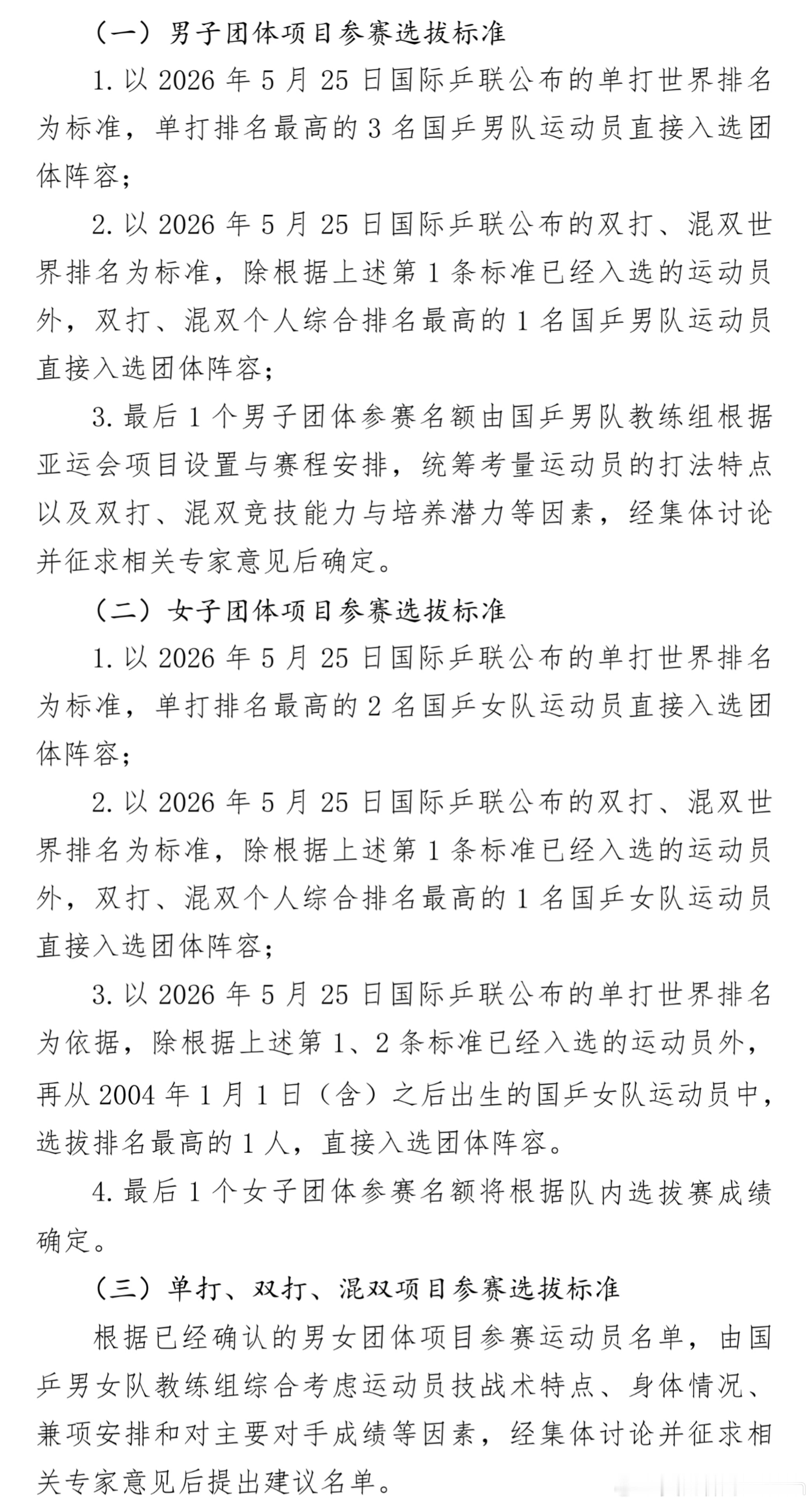 乒协公示名古屋亚运会选拔办法 2026爱知名古屋亚运会 根据亚运会运动员选拔办法