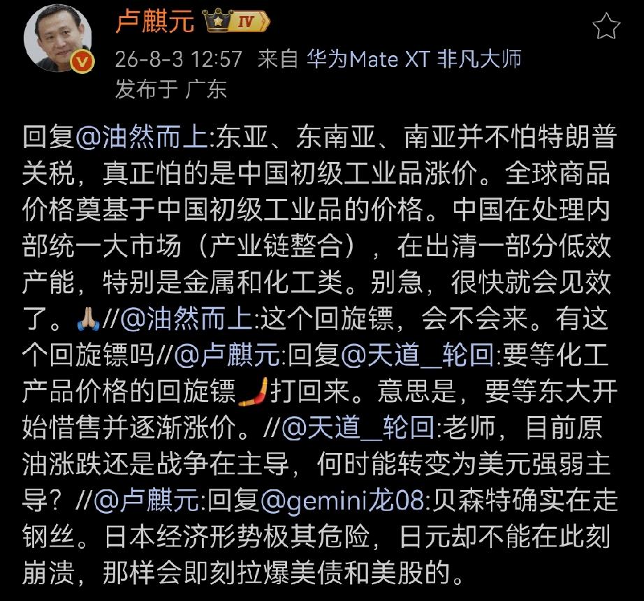 卢师曰：东亚、东南亚、南亚并不怕特朗普关税，真正怕的是中国初级工业品涨价。全球商