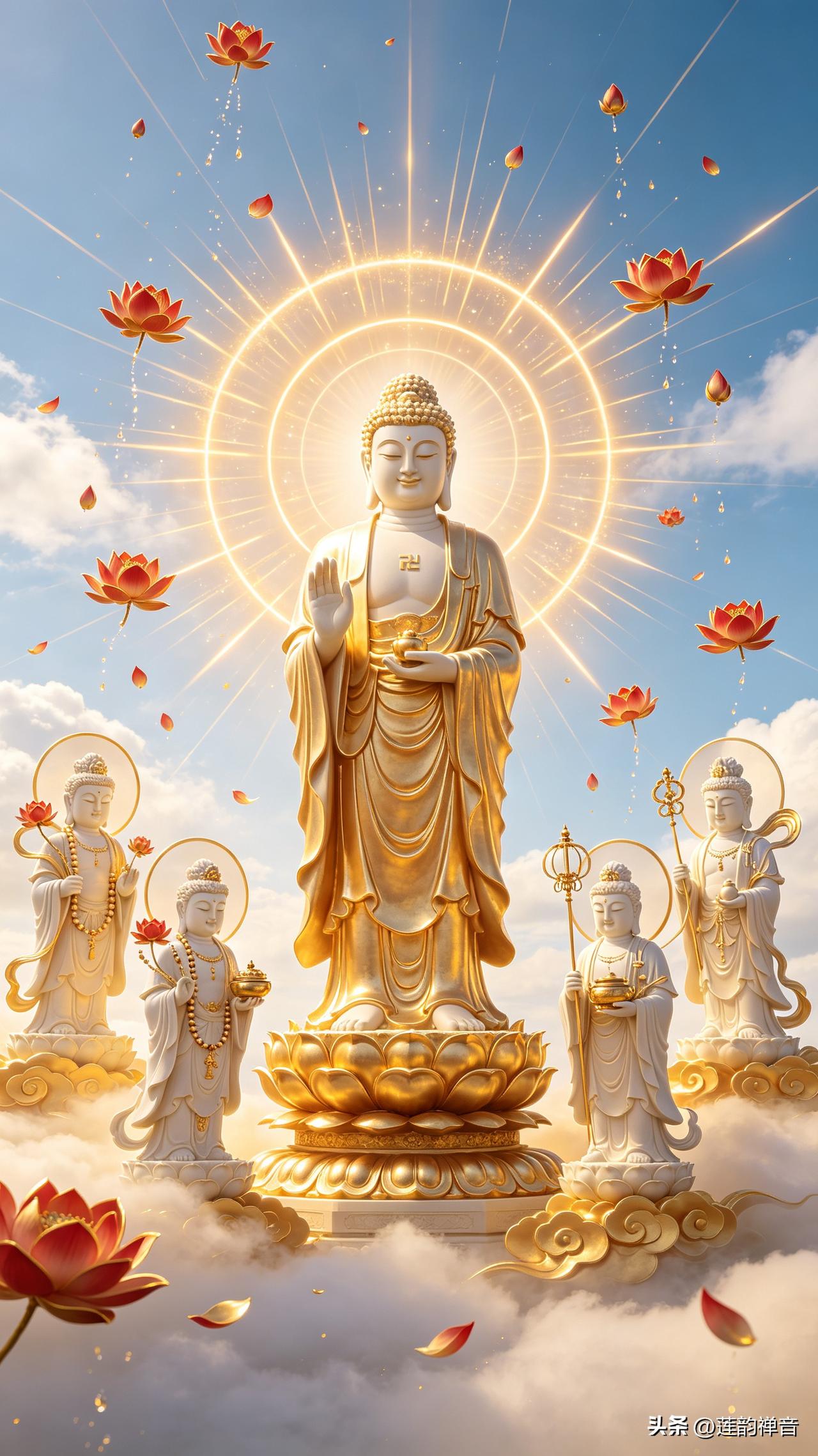 【释迦牟尼布灵光，流云伴雨入禅乡】
云海翻涌，祥光流转，层层佛光缓缓向外舒展，漫