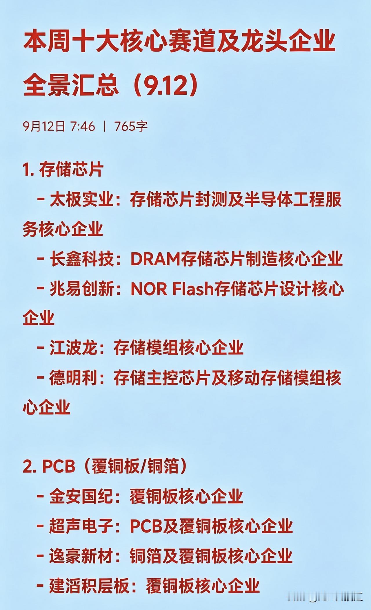 本周十大核心赛道及核心企业全景汇总（9.12）

1. 存储芯片
   - 太极