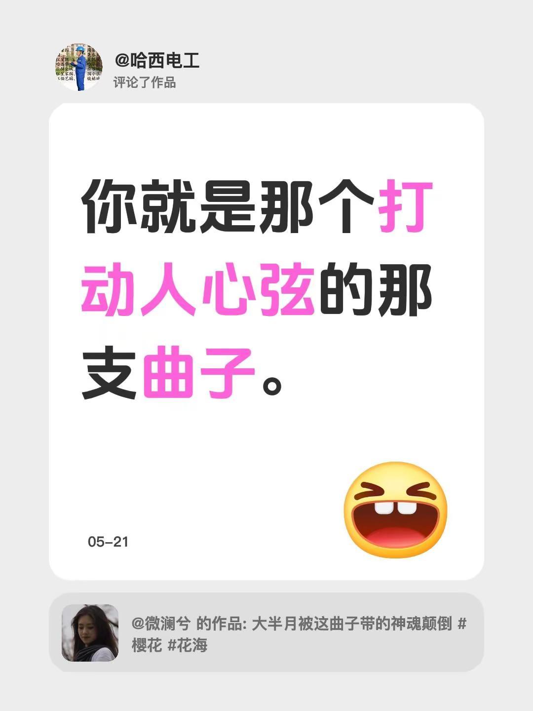 我评论了@微澜兮 的作品：你就是那个打动人心弦的那支曲子。
