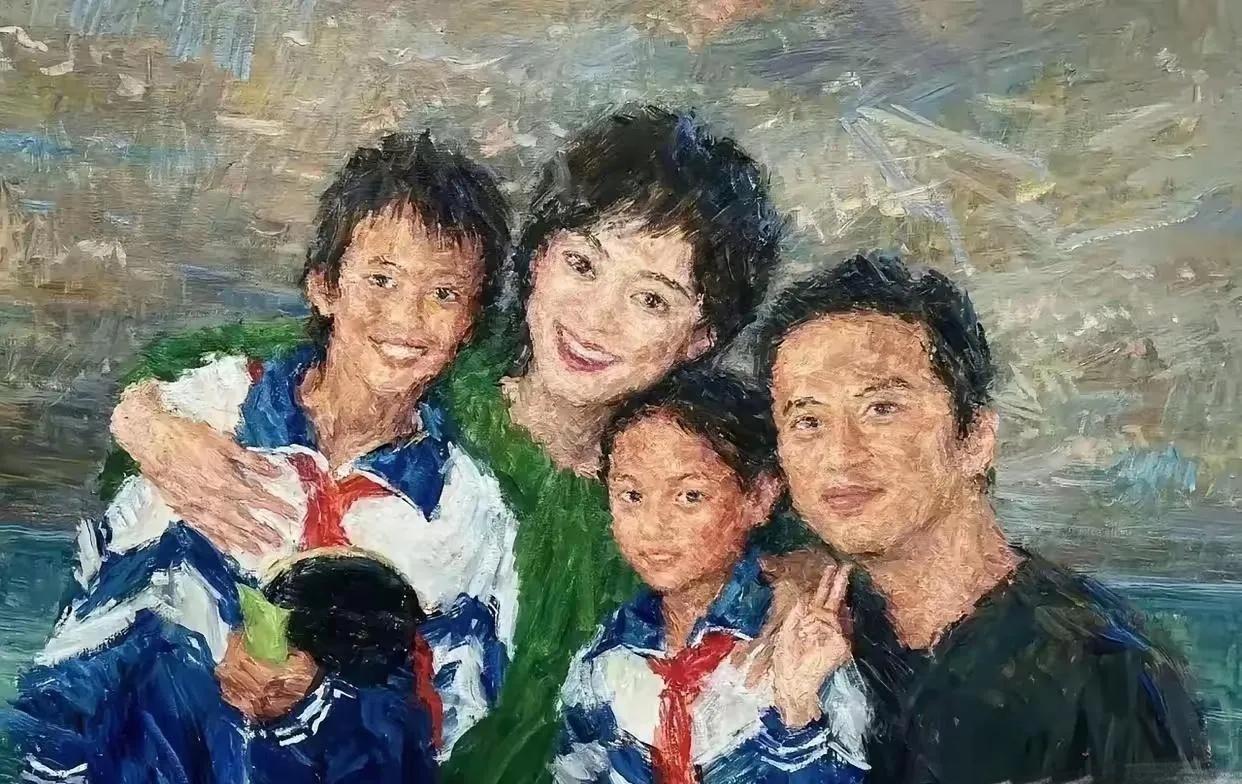 邓超的孩子出息了，小小年纪就能把一家四口都用油画画出来。用了这门手艺，他就不用进