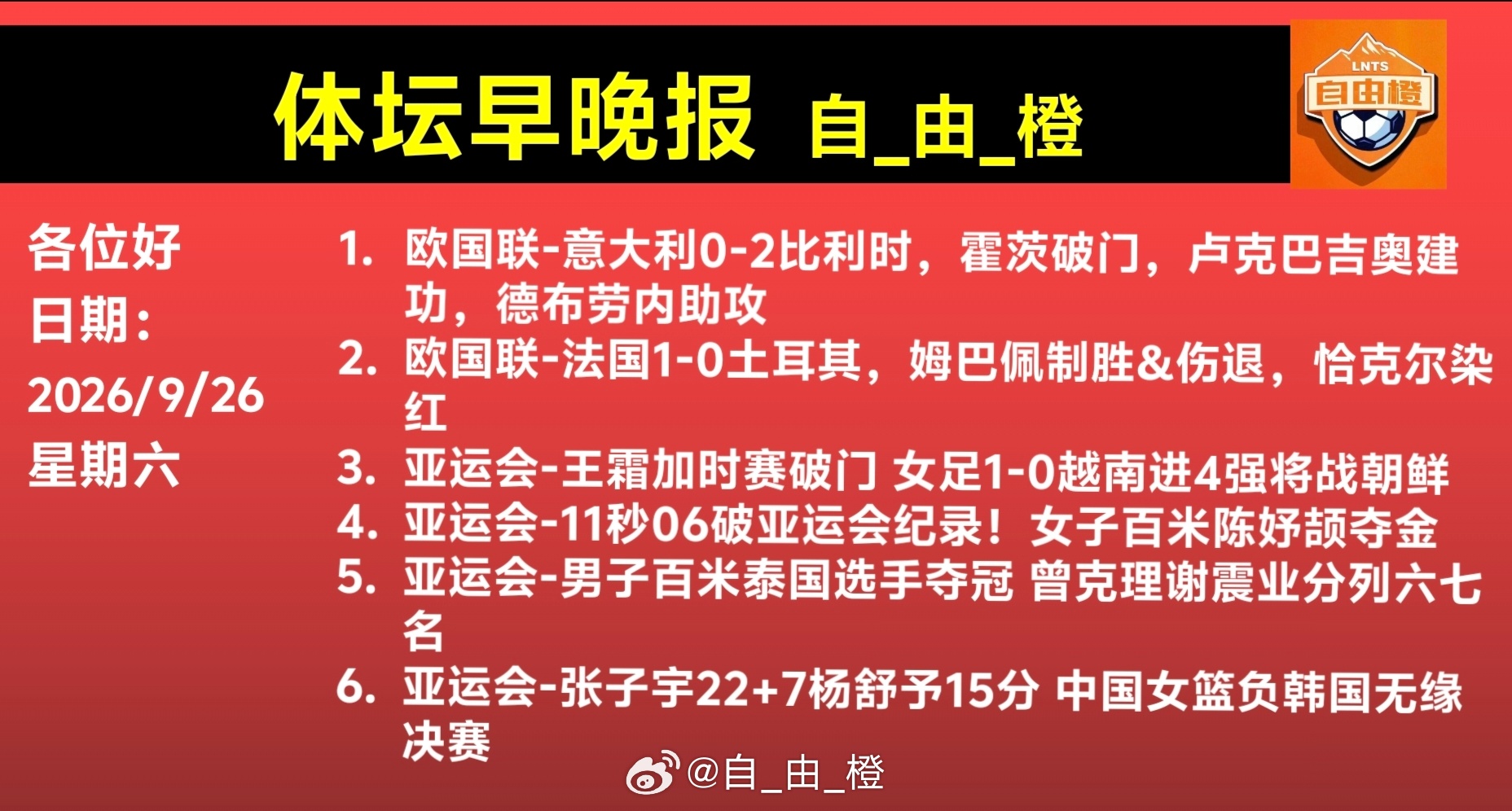 每日橙语自由橙[超话]体坛早晚报 ​​​