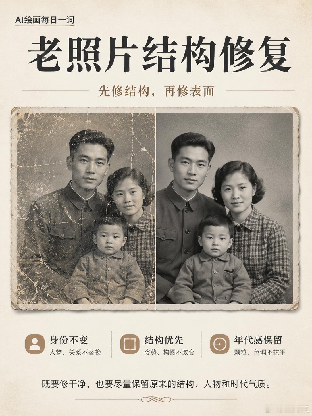 【AI绘画每日一词】老照片结构修复很多人用AI修复老照片，修完后发现：污点没了，
