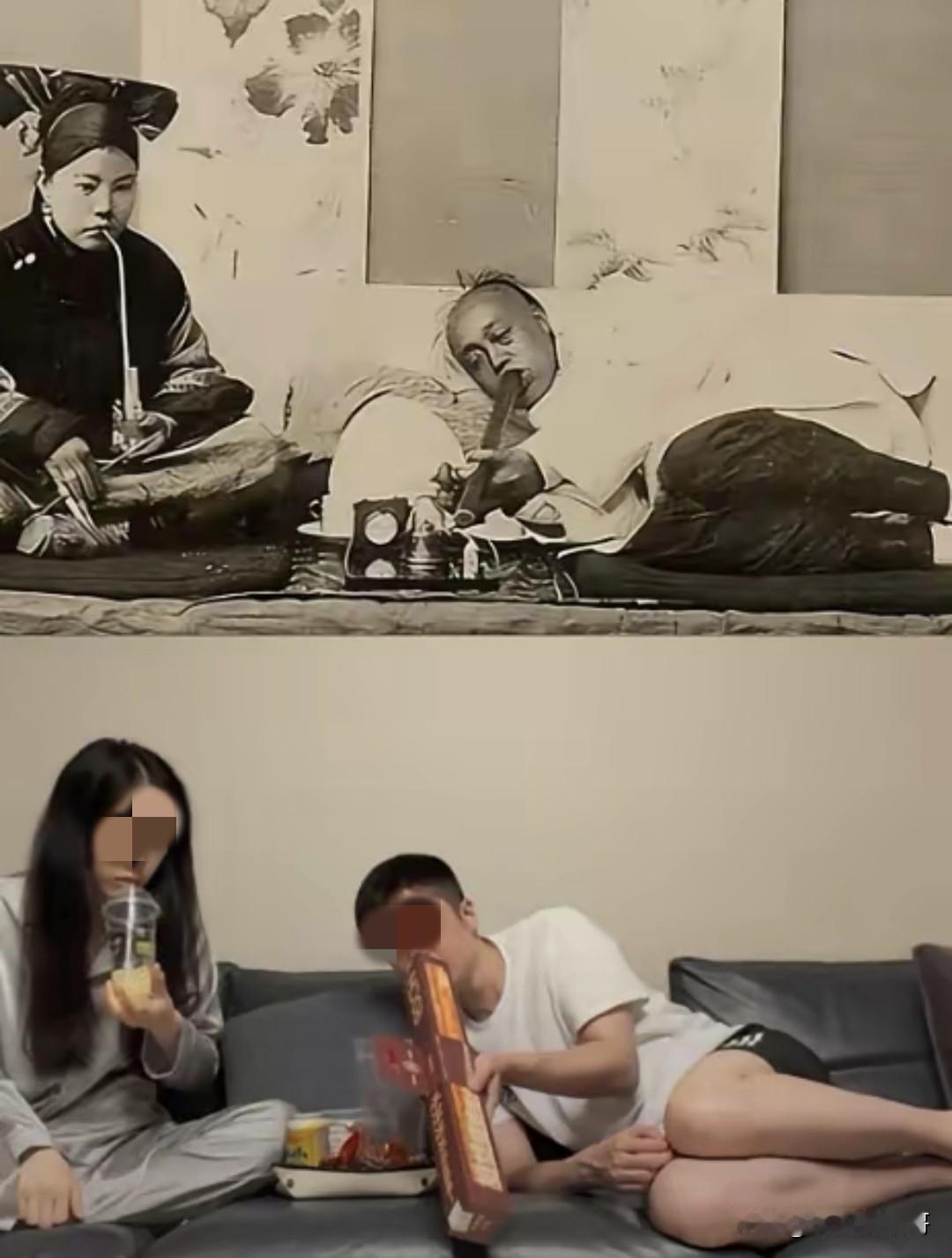 真是无知者无畏，一个喝奶茶，一个吃蛋挞，再用一张对比图玩梗，这要是在原图中能看到