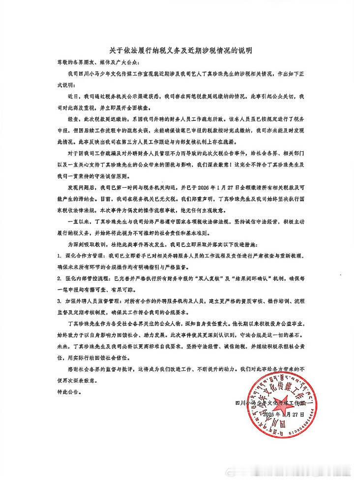 丁真工作室回应欠税被公告丁真工作室发文回应欠税被公告丁真方回应欠税被公告