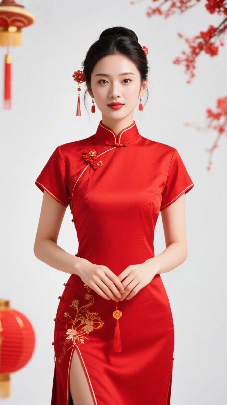 红袍揽芳华
 
一抹正红的旗袍，似揉碎了人间的欢喜，金线绣就的花枝在衣摆婉转，恰