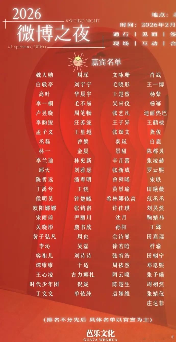 微博之夜 2026微博之夜🔥这波是王炸开局，微博之夜拟邀名单直接杀疯了。拟定邀