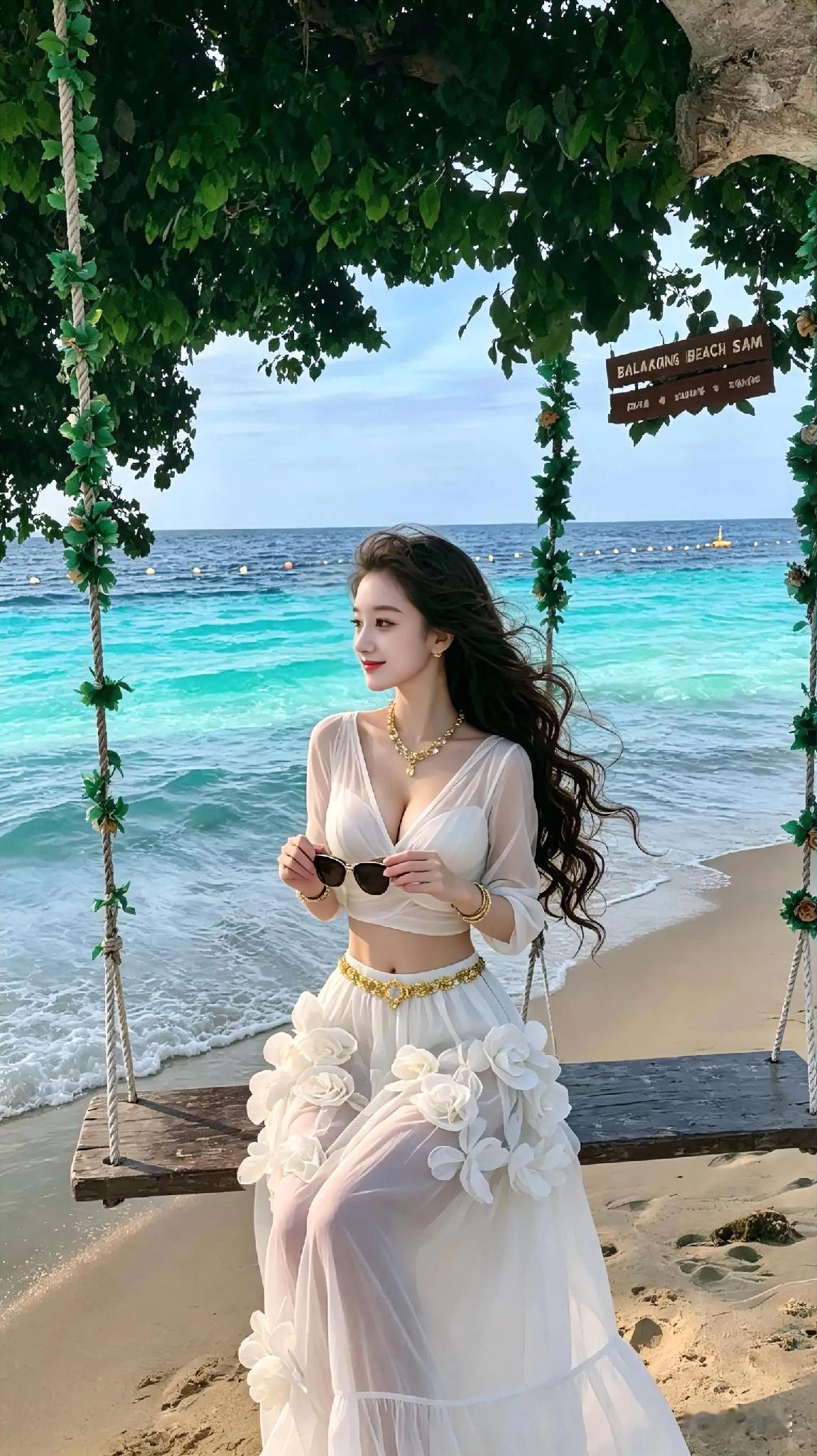 夏日沙滩摇摆，海风轻拂，享受阳光与海浪的浪漫时光。🌊👗🌞
海边游玩风 
海