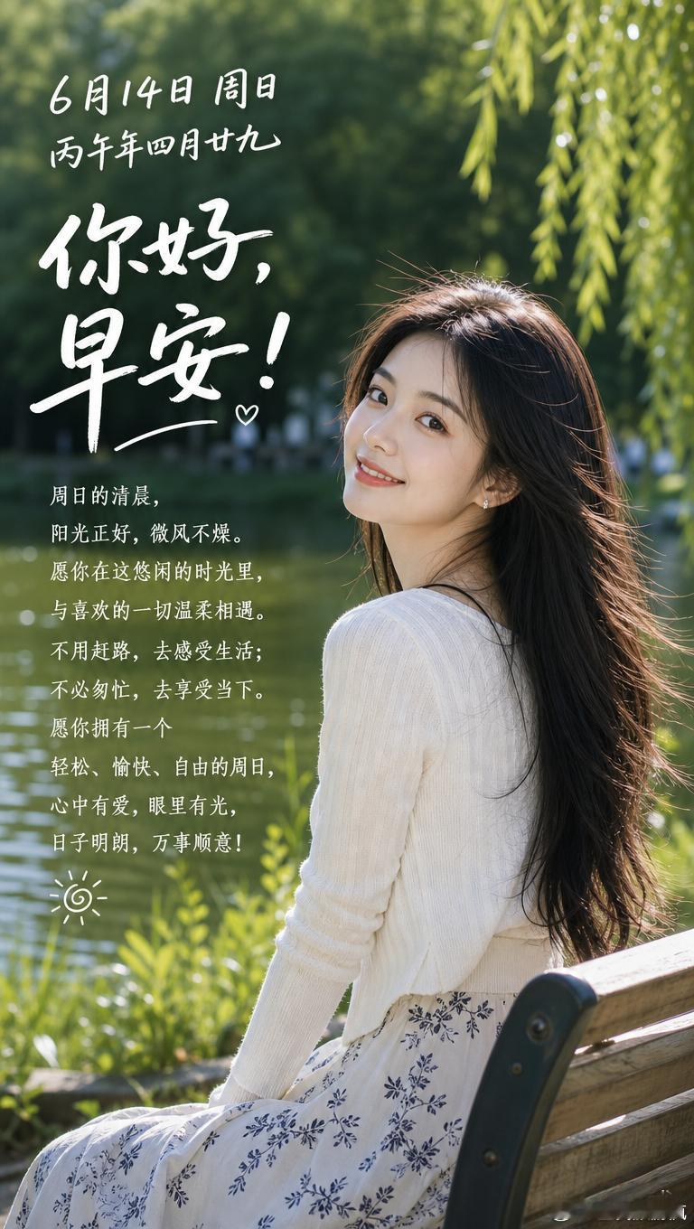 6月14日 周日 丙午年四月廿九你好，早安！周日的清晨，阳光正好，微风不燥。愿你