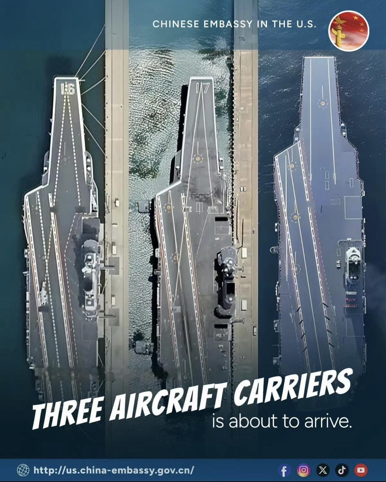 福建舰、辽宁舰、山东舰三艘航母“同框”

中国航母技术发展的飞跃式进步！