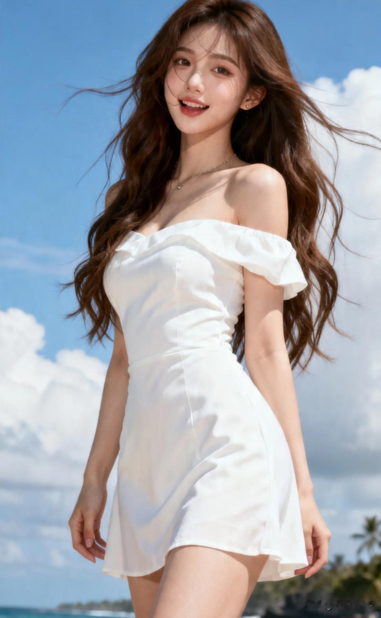 夏日海滩白裙少女，微笑迎风，海浪轻拍，心旷神怡！🌊👗😊