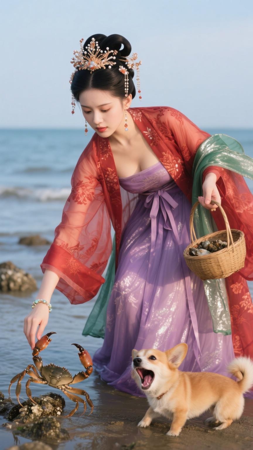 鹧鸪天·海畔趣拾
 
罗袂生香立海壖，红绡轻覆玉光妍。银簪暗锁玲珑韵，篮篓明承野