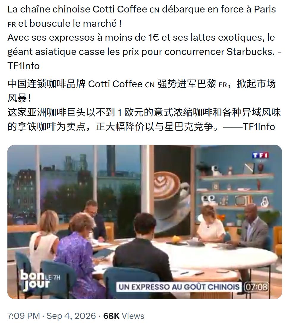 法媒惊呼：库迪咖啡这一中国连锁品牌强势登陆巴黎，搅动当地市场！
　　这家亚洲咖啡