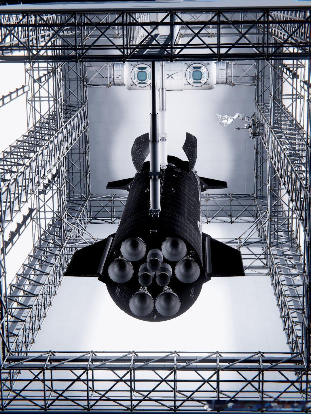 SpaceX粉丝设想的星舰轨道舰库，在轨对星舰实施维护，有马斯克的味儿了。 