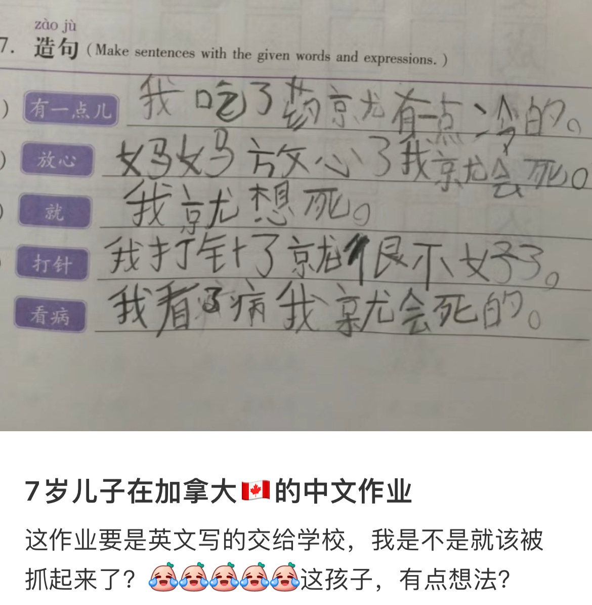 ｛小纸条｝#七岁儿子在加拿大的中文作业#这作业要是英文写的交给学校，是不是就该被