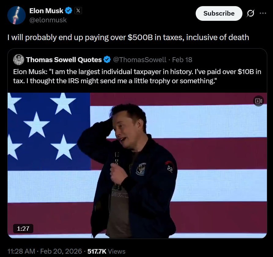 埃隆·马斯克通过 X 平台发文称：包括遗产税在内，我最终可能要缴纳超过 500 