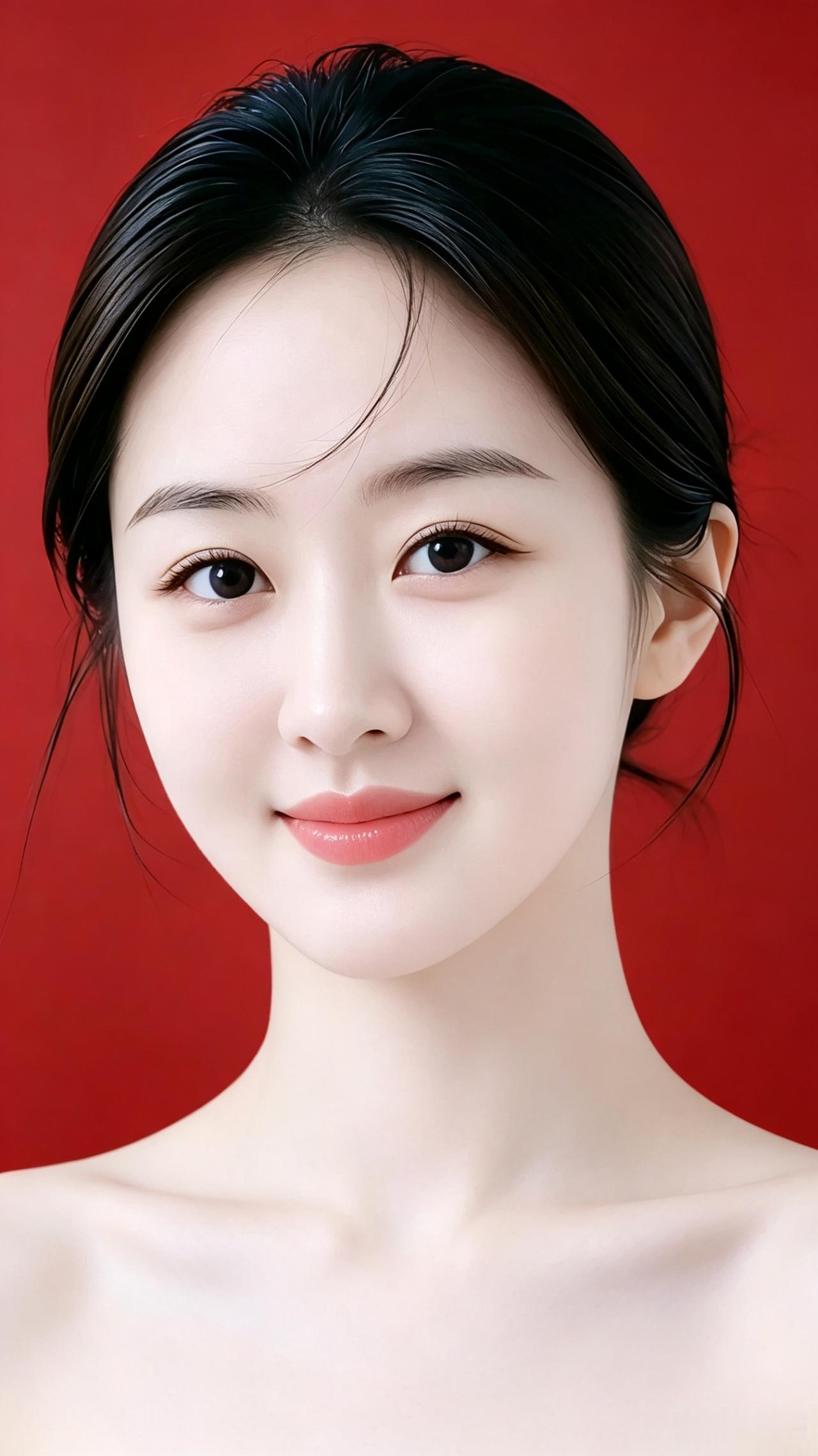 红底娇颜
墨发轻盘成云髻
柔丝数缕落眉前
肌肤莹润如凝玉
俏面玲珑似鹅蛋
颈间纱