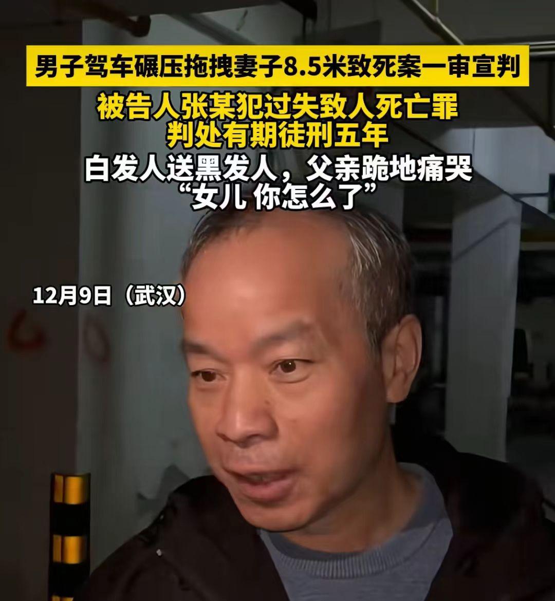 驾车碾压拖拽妻子8.5米致死，判处有期徒刑5年。

出事前，他对岳父说:“看好你
